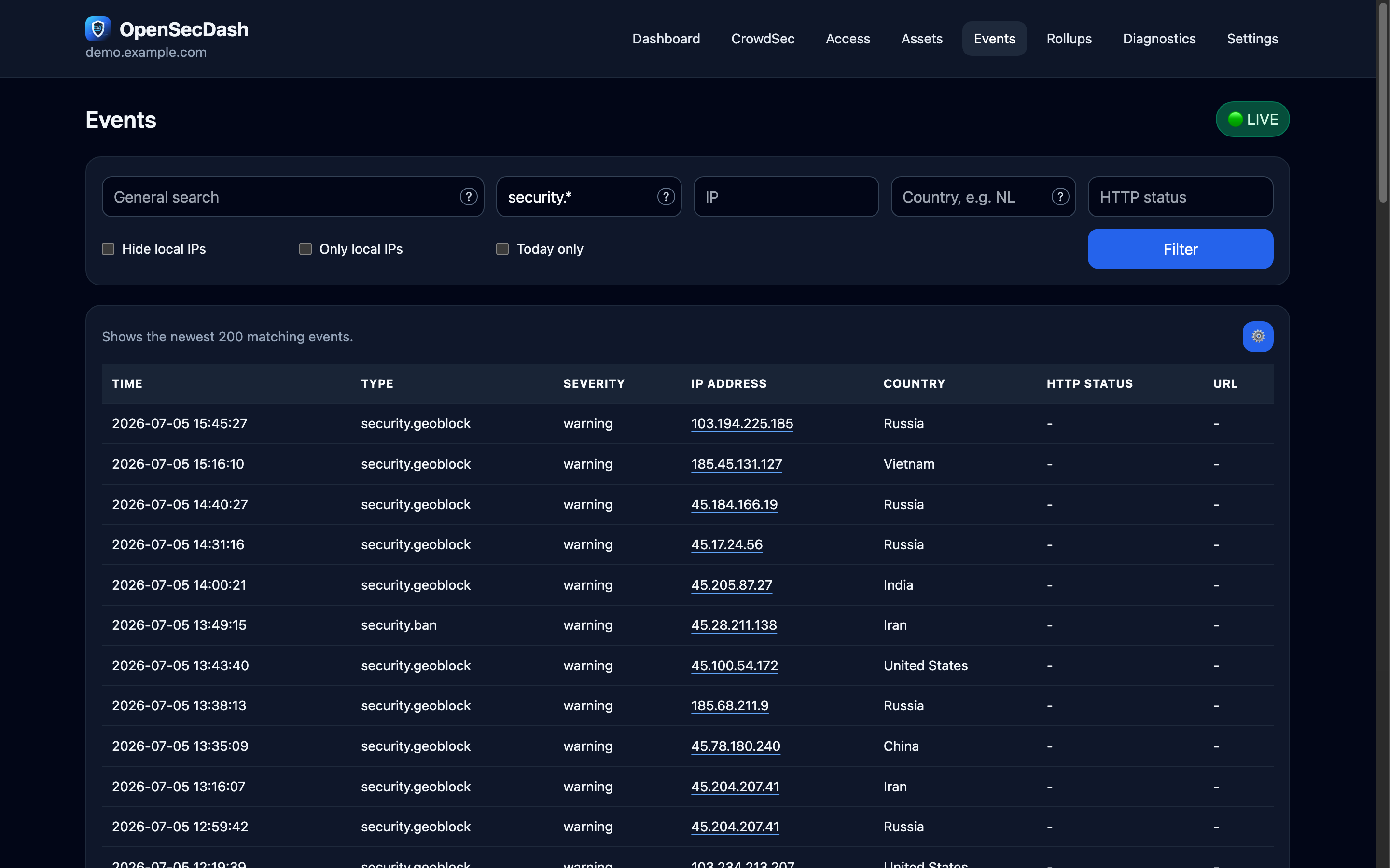 Security events with filters